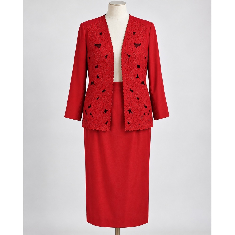 Carlucci Red Vintage Skirt Set Floral Cutout Blazer Midi Skirt Size 8